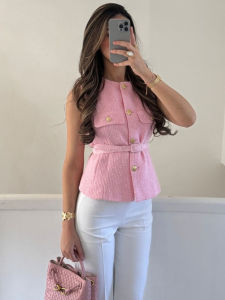 HH Summer Women Tweed Waistcoat With Belt Vintage Solid O Neck Sleeveless Front Button Vests Tops Lady High Street Outerwear