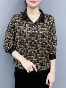 Elegant Loose Fit Long Sleeve T-Shirt Mommy Style Cotton Elastic Shirt Collar Floral Print Autumn 2025 Fashion Womens Top