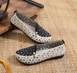 Giày Mẹ Thời Trang Đế Phẳng Chống Trượt Mũi Nhọn Hở Mũi Vải Dệt Dệt Đế PU Giày Đơn Thời Trang Thoải Mái Cho Phụ Nữ Trung Niên