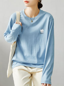 Womens Loose Long Sleeve Cotton T-Shirt Blue Base Layer Shirt Inner Wear Comfortable Breathable Knitted round Neck Top