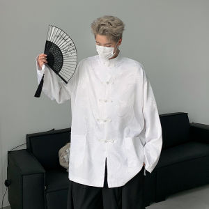 New Chinese Style Light National Style Chinese Knot Button Shirt Mens Fancy Black Dragon Pattern Long Sleeves Shirt Tang Suit Robe Han Dynasty Outwear