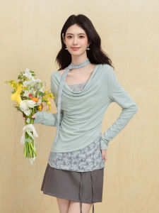 Korean Style Long Sleeve T-Shirt Womens Spring New Irregular Lace Splicing Neck Design Age Reduction Inner Wear Base Top