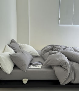 Japanese Style Simple Washed Cotton Stripe Solid Color Bedding Set Full Cotton Bed Sheet Bed Skirt Pillowcase Quilt Cover