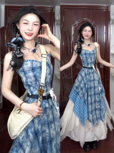 Karrar betsey | Đầm Dây Kiểu Duyên Dáng Ngày Lễ Họa Tiết Caro Xanh Đậm Vintage