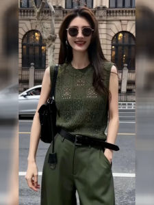 DANTING | Retro Hollow Out Green Knitwear Set