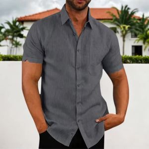 Cotton Linen Hot Sale Mens Short-Sleeved Shirts Summer Solid Color Turn-down collar Casual Beach Style Plus Size