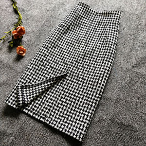Fall and Winter New Arrival over-the-Knee Skirt Houndstooth Mid Length Long Length High Waist Bodycon Dress Silm Slim Looking Slit Skirt Female Half-Length