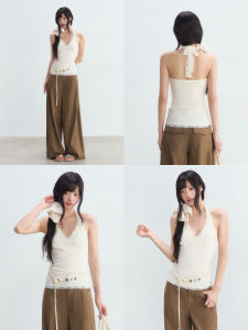 Weekend hub | Shimmering Texture V-neck Lace Halter Backless Top