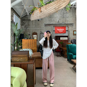 กางเกงขายาวเอวสูงทรงหลวมสีเทาสำหรับผู้หญิงไซส์ใหญ่ กางเกงขายาวทรงตรงทรงหลวมบางเฉียบสำหรับฤดูใบไม้ร่วงและฤดูหนาว