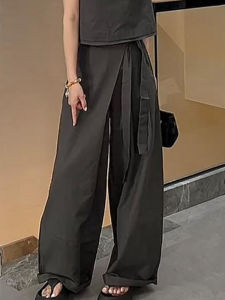 Shalldoer | Minimalist High Waist Grey Tie Wide Leg Pants