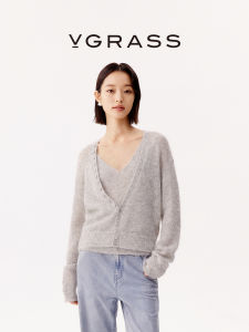 VGRASS Wish Series Autumn Winter New Style Alpaca Wool Blend Knitted Open Cardigan And Tank Top Set Casual V Neck Long Sleeve
