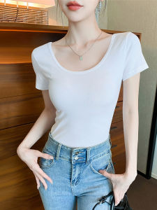 Low-Neck Short-Sleeve Womens T-Shirt Summer Design Slim Fit Base Shirt Inner Wear Large Collarbone Lock Korean Style Top