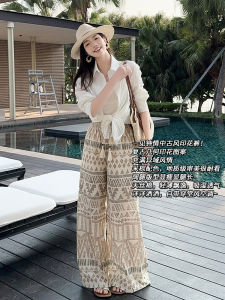 MeiYang Sandalwood Wide Leg Pants Casual Geometric Print Loose Fit High Waist Trousers Elegant Womens Premium Fashion