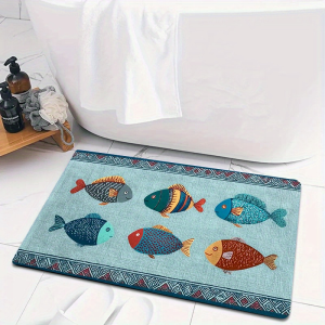 VIKAMA Coastal Vintage Fish Bath Mat Hand Drawn Marine Animal Print Non Slip Absorbent Bathroom Kitchen Decor Floor Doormat
