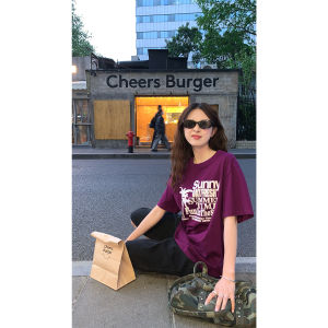 Rainy Casual round Neck Letter Print T-Shirt Womens Loose Basic Summer Top Versatile Holiday Cotton Short Sleeve Shirt