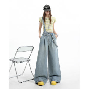 Retro Washed Casual Denim Overalls Womens Loose Wide Leg Floor-Length Lazy Pants Vintage Style Age-Defying Individualistic