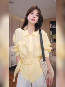 Elegant Linen Shirt Womens French Collar Spring Fashion Casual Commute Style Long Sleeve Thin Pure Color Button Closure