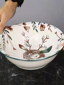 ชุดชามซุปเซรามิคสร้างสรรค์เคลือบสีใต้เคลือบ ชุดอาหารค่ำหรูหราดีไซน์กวางสไตล์ญี่ปุ่น รูปทรงกลม