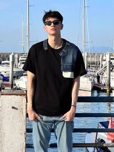 Shoulder Shawl Splicing Design Mens T-shirt Short Sleeve Denim Summer Heavyweight Five-Quarter Sleeve Loose Fit Polyester