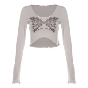 Áo Thun Dài Tay Thường Ngày Phong Cách Đường Phố Có Họa Tiết Bướm Gợi Cảm Hở Bụng Jazz Áo Thun Nữ Mùa Hè 2024