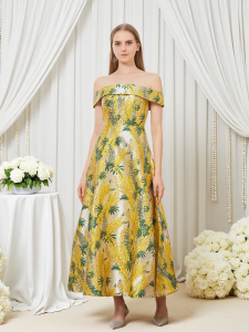 Đầm Maxi Nữ Dáng Xòe Chất Liệu Jacquard Thiết Kế Trễ Vai Phong Cách Vintage Sang Trọng Thêu Hoa Boho Dài Đến Giữa Bắp Chân.