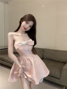 GUZILIAN | Elegant Pure Desire Womens Short Dress With Waist Cinching Bow Design Summer A-Line Skirt Gentle Wind Korean Style Dress