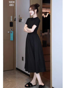 Zhang Yuan Yi Womens Fashion Autumn Collection French Vintage Hepburn Style Long Dress Slimming Black Short Sleeve Dress
