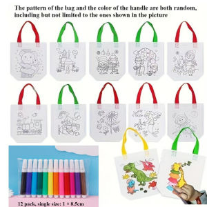 24pcs(12 bags+12 markers) DIY Graffiti Pack with Colored Markers Reusable Animal Art Party Gift BagsStorage Accessories