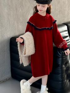 Thickened Autumn Winter Sweater Dress for Girls Childrens New Year Ceremony Red Visit Clothes Princess Skirt High Waist