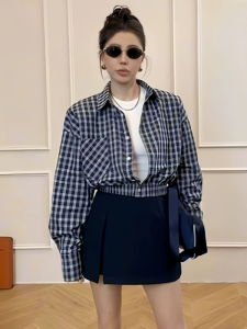 Kendall Jenner Inspired Korean Plaid Shirt Womens Spring New Slimming Long Sleeve Loose Short Style Top Polo Collar Single Button Closure
