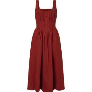 TAMMY TANGS | Sugar Power Sweet Heart Girl Linen Red Dress High Waist Belted Summer New Style Zipper Closure Slim Fit Urban Commute Dress