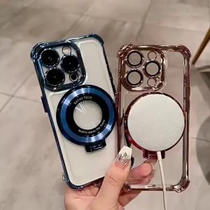 Luxury Plating Holder Magnetic Wireless Charging Case For iPhone 11 12 13 14 15 16 17 Pro Max Air Airbag Shockproof Clear Cover