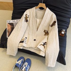 Artistic Heavy Embroidery V-Neck Open Cardigan Womens Loose Casual Cotton Linen Outerwear Top Spring Autumn New Style