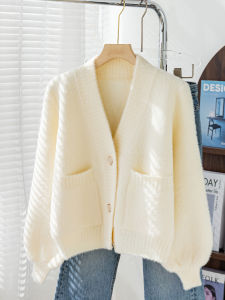 เสื้อคาร์ดิแกนถักแบบสวมแขนยาวแบบหนาปานกลางสำหรับผู้หญิง แขนกระดิ่ง คอกลม ทรงหลวม ปกติ ฤดูหนาว 2023