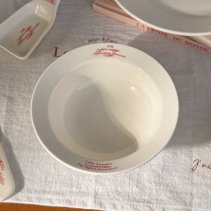 Korean Style Ceramic Red Letter Salad Bowl Plate Butter Knife Dip Plate Coffee Cup Oval Fish Plate Handmade New Bone China