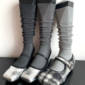Black Mid-Calf Striped Knitted Socks Womens Spring Autumn Miu Style Deep Grey Long Socks Half Leg Black Mid-Tube Socks