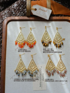 Original Gypsy Floral Carving Bohemian Style Natural Stone Tassel Earrings Handmade Fashion Jewelry Womens Earring Set