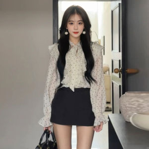 CHANGTONG | Elegant and Unique French Style Shirt with Ruffled Sleeves and Polka Dots