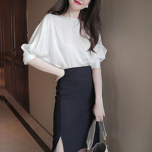 Silk Acetate Satin Bubble Sleeve Shirt Womens Silken Base Layer Slimming Top Trendy Cover up Spring Summer New Arrival