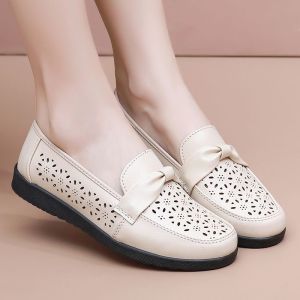 IELGY Leather sandals womens summer non-slip hollow hollow breathable soft flat sole