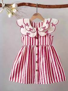 (5120) Little Girls Summer Fresh and Energetic Red and White Striped Dress with Doll Collar and Bow Embroidery in a Retro Cute Style Suitable for Amusement Parks Theme Parties Vacations and Gatherings.