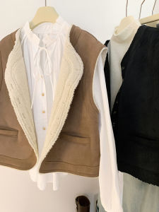 AMILUCK | Retro Suede Furry Vest Womens Loose Casual Layering Jacket Top Street Style Button Pocket Hollow Out Warm Short Cotton Filled