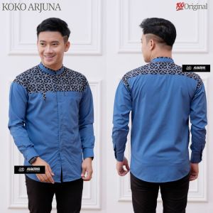 Baju Koko Pria Dewasa Lengan Panjang Modern Terbaru Motif Arjuna Kombinasi Batik Bahan Toyobo Premium Ekslusif Alqorni Warna Putih Hitam Biru Hijau Botol Abu Coklat Susu