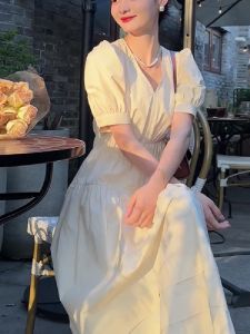 European Style Chic Retro Bubble Sleeve V-Neck Dress Summer French Heavy Duty Waist Slimming A-Line Skirt