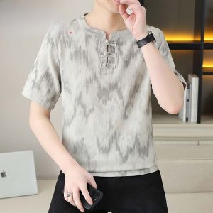 HENGYUANXIANG | Hengyuanxiang Brand Cotton Linen Round Neck Short Sleeve T-Shirt Mens Summer New Chinese Style Ice Silk Button Up Shirt T