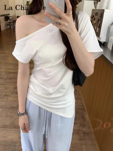 Áo Thun Tay Ngắn Hở Vai Không Đều La Chapelle Dành Cho Nữ Mùa Hè Mỏng Thiết Kế Cắt May Bên Hông Phong Cách Lười Biếng