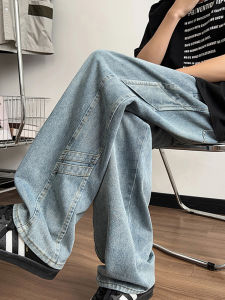 Slim Fit Casual Jeans Mens Summer Trendy Brand Angle Bar Design Loose Wide Leg Thin Long Pants Straight Tube Jeans