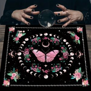 VIKAMA Moon Phase Pendulum Bell Altar Tablecloth Pink Butterfly Floral Design Tarot Card Reading Cloth Home Decor Party Events