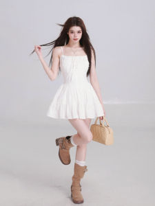 Slimming Ballet Style Mini Dress White Camisole Strap Dress Womens Fashion Spring Summer Pure Color Korean Version Office Wear