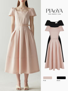 PIAOYA | Đầm Phong Cách Pháp Elegance Ôm eo Tay Bồng Dáng Xòe Cổ Vuông Màu Hồng